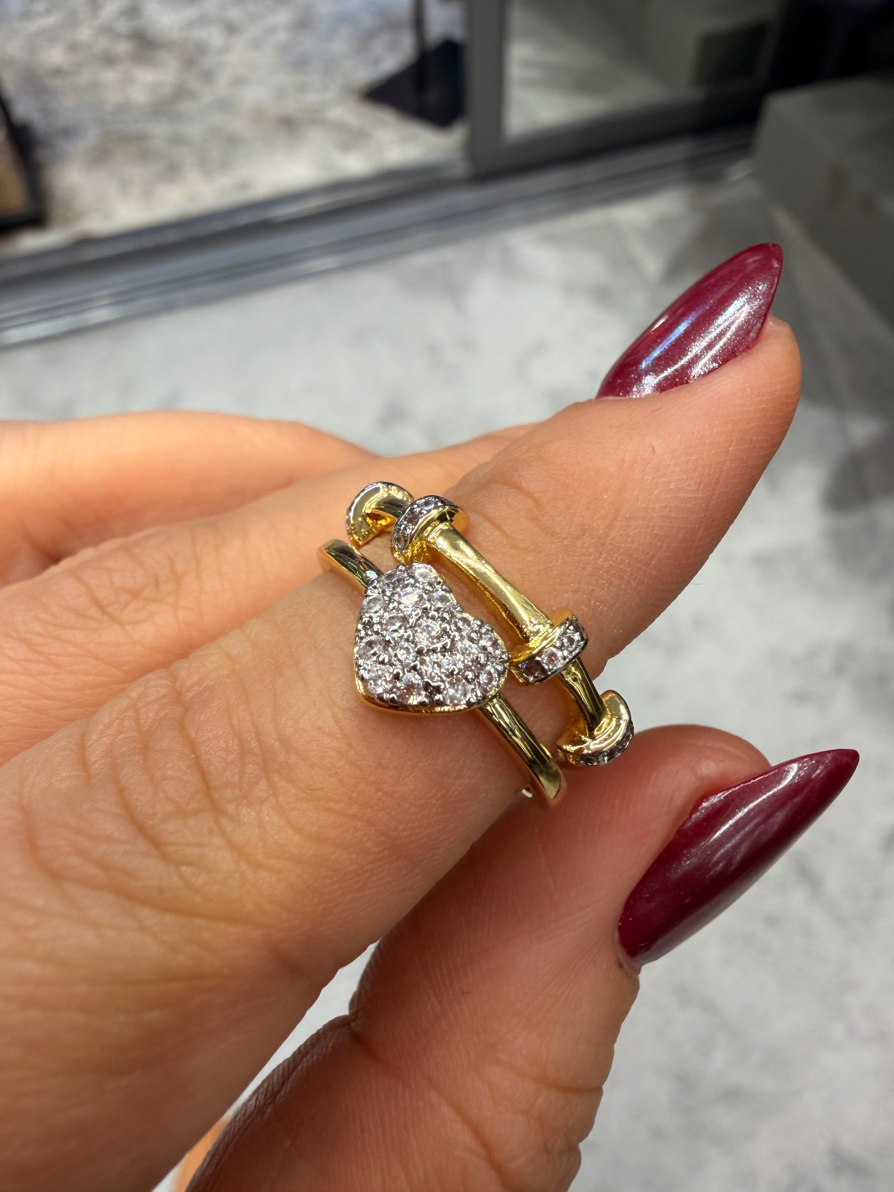 Çift Yüzük Görünümlü Kalp Pırlanta Taş Detaylı Yüzük Ayarlanabilir