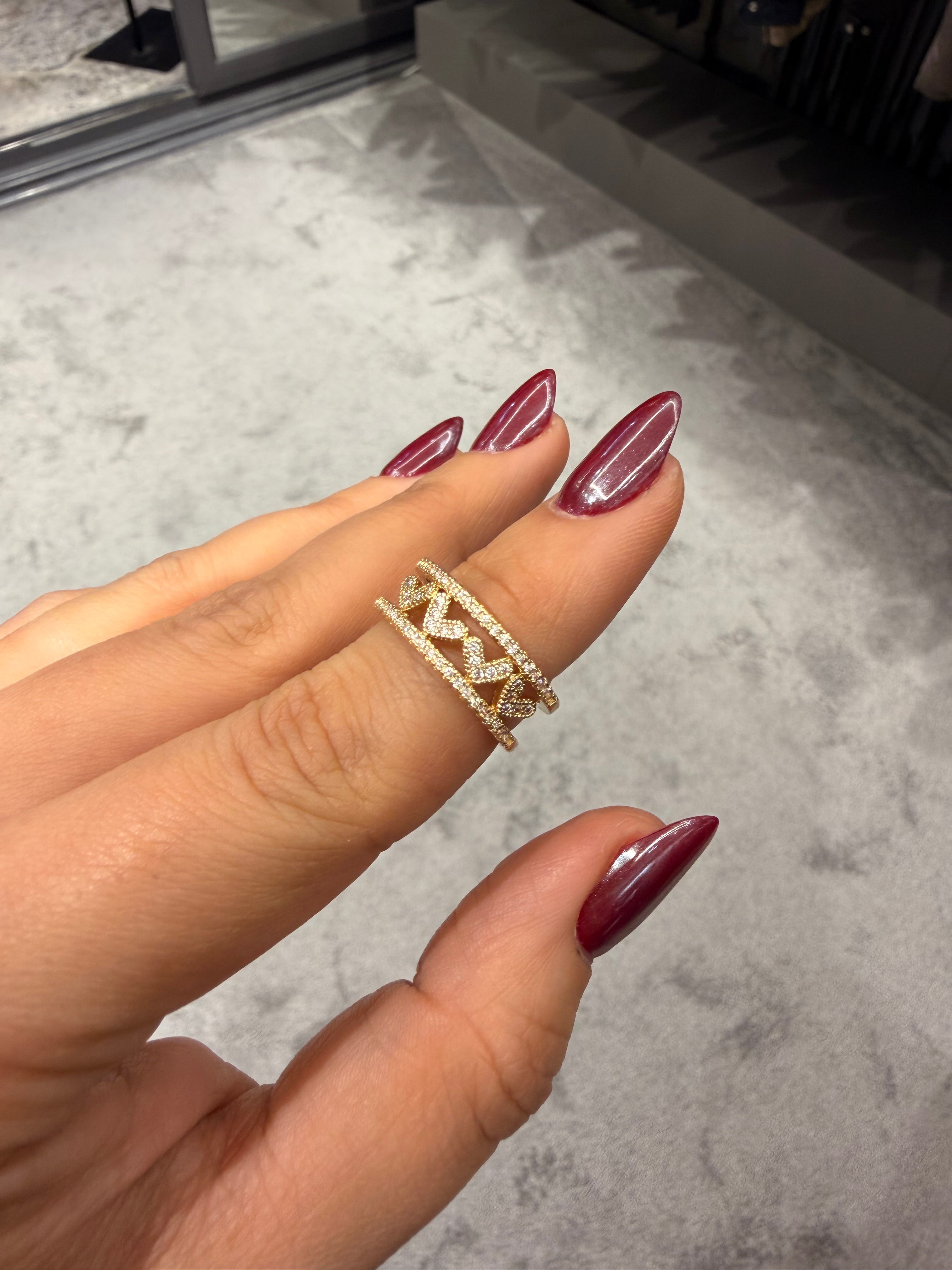 Mini Kalpler Modeli Taşlı Ayarlanabilir Gold Yüzük Ürün ana görseli