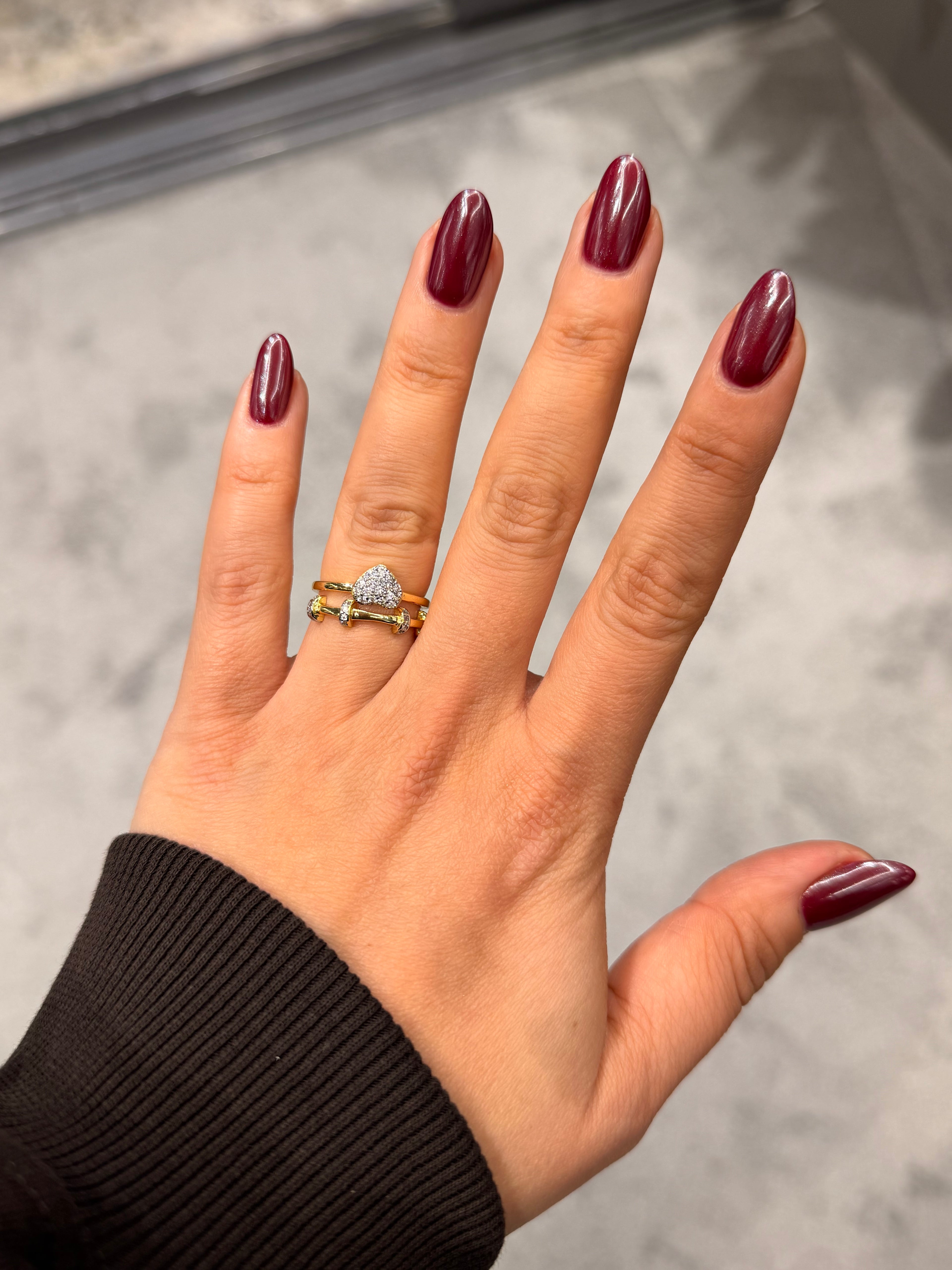 Çift Yüzük Görünümlü Kalp Pırlanta Taş Detaylı Yüzük Ayarlanabilir