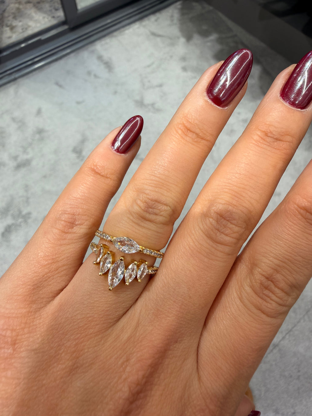 Çift Yüzük Görünümlü Pırlanta Tac Model Ayarlanabilir Yüzük Gold