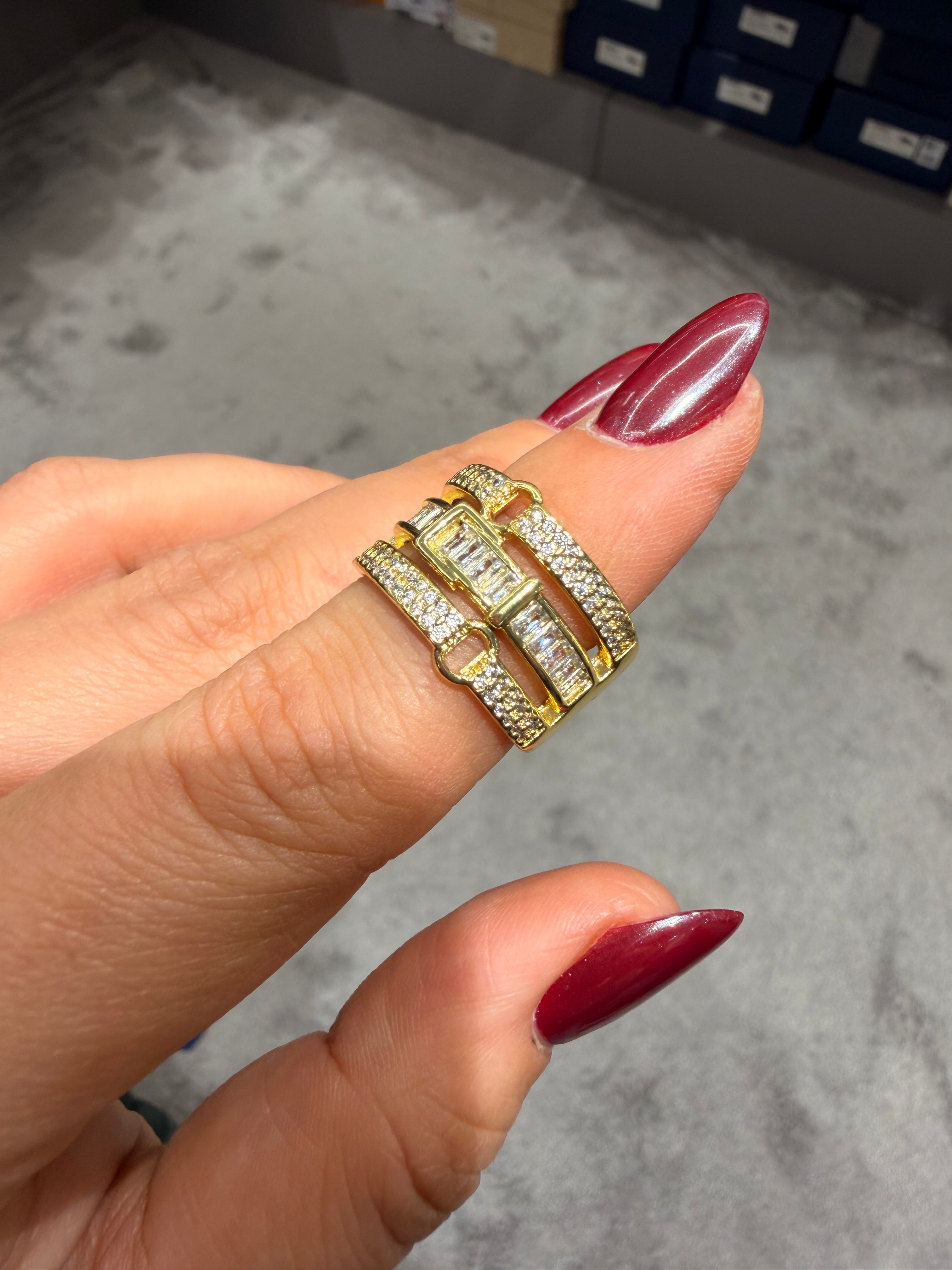 3 Sıralı Pırlanta Tasarım Model Ayarlanabilir Yüzük Gold Ürün ikincil görseli